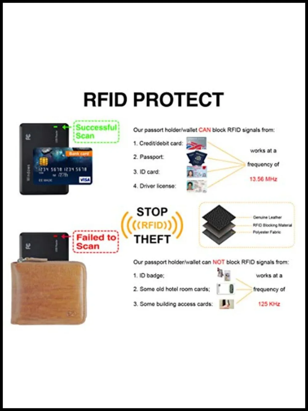 Genuine Leather RFID Blocking Zipper Wallet with 10 Card Slots